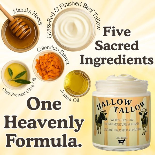 100% Grass-Fed & Finished Tallow Balm with Manuka Honey, Jojoba & Olive Oil, Calendula Extract – Natural Hydrating Face & Body Cream, 4oz - Image 2