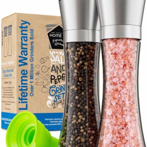Premium Stainless Steel Sea Salt and Pepper Grinder Set of 2 - Adjustable Ceramic - Tall Glass Salt and Pepper Shakers