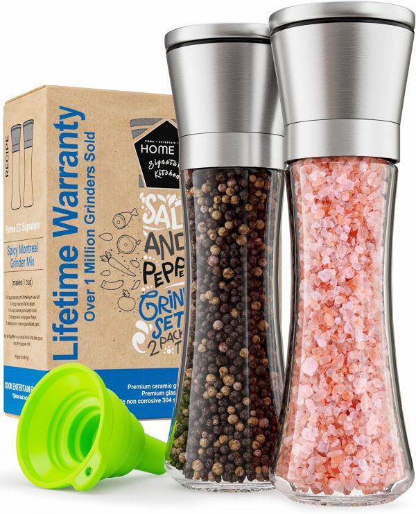 Premium Stainless Steel Sea Salt and Pepper Grinder Set of 2 - Adjustable Ceramic - Tall Glass Salt and Pepper Shakers